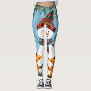 Cute Winter Woodland Snowman Foxes Leggings