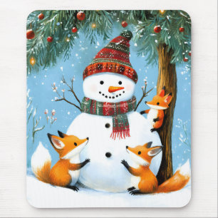 Cute Winter Woodland Snowman Foxes Mouse Pad