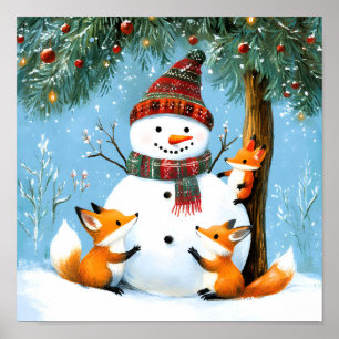 Cute Winter Woodland Snowman Foxes Poster