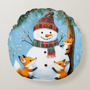 Cute Winter Woodland Snowman Foxes Round Cushion