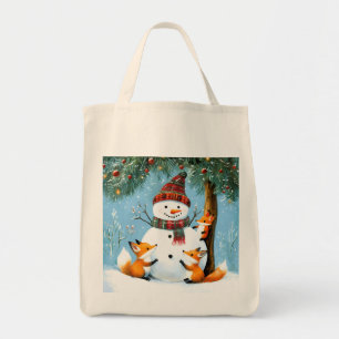 Cute Winter Woodland Snowman Foxes Tote Bag
