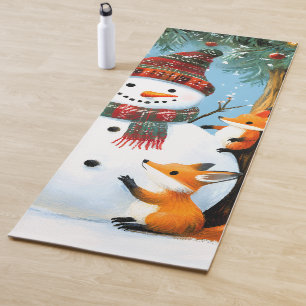 Cute Winter Woodland Snowman Foxes Yoga Mat