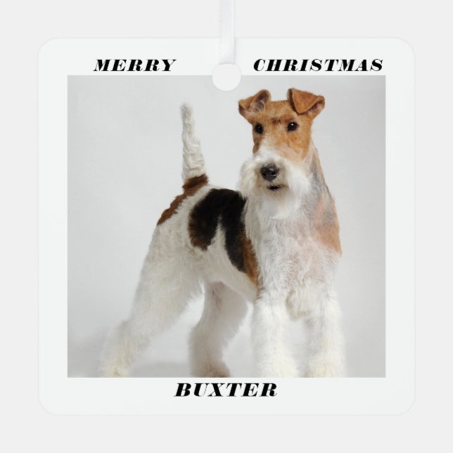 Cute Wire Fox Terrier Dog Photo Merry Christmas Metal Tree Decoration (Front)