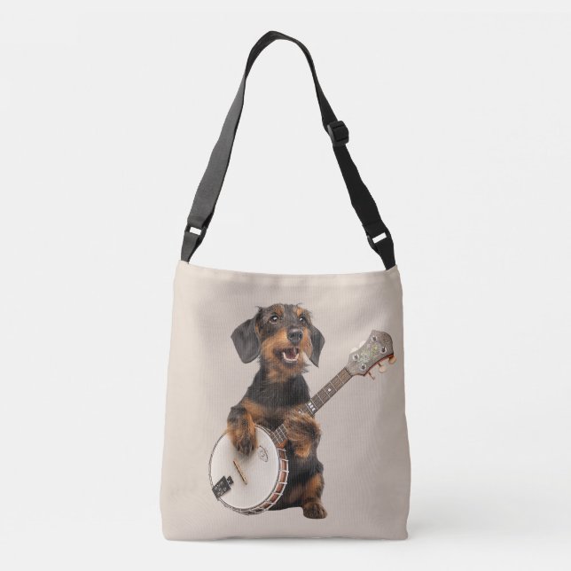 Cute Wire-Haired Dachshund Plays Banjo Crossbody Bag (Back)