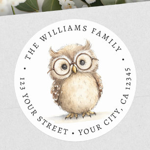Cute wise owl watercolor return address classic round sticker