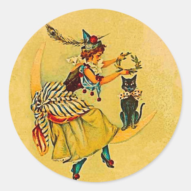 Cute Witch 0n Moon Classic Round Sticker (Front)