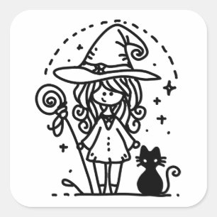 Cute Witch and Black Cat Doodle Square Sticker