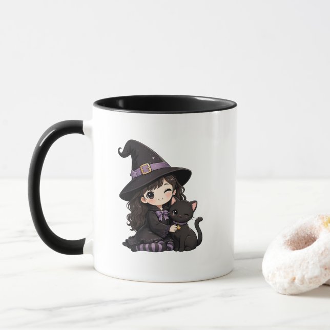Cute witch and black cat mug (With Donut)