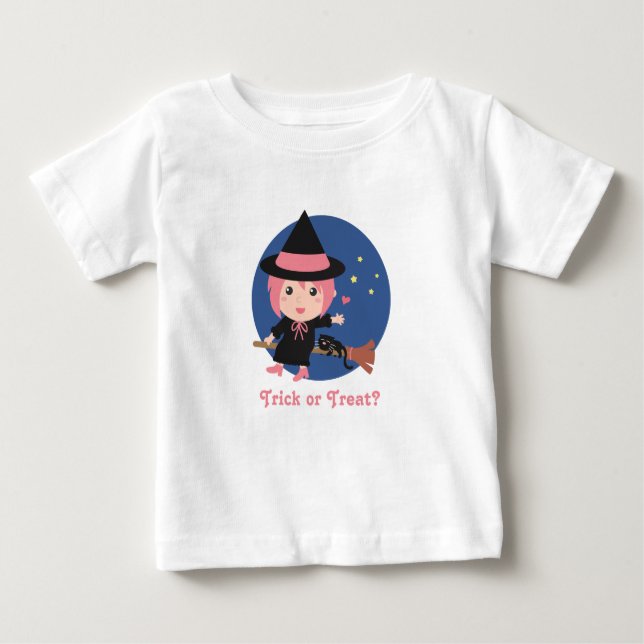 Cute Witch and Black Cat on Flying Broom Baby T-Shirt (Front)