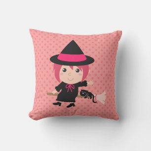 Cute Witch and Black Cat on Flying Broom Cushion