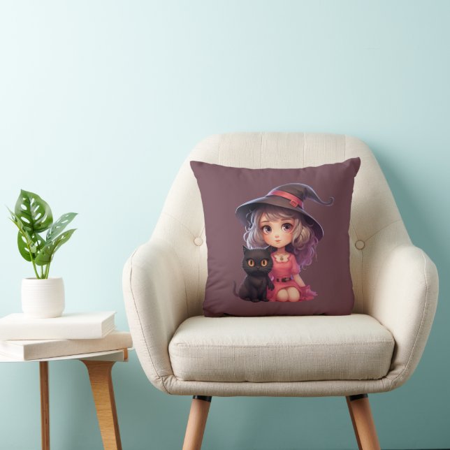 Cute Witch and Black Cat Plum Purple Halloween Cushion (Chair)