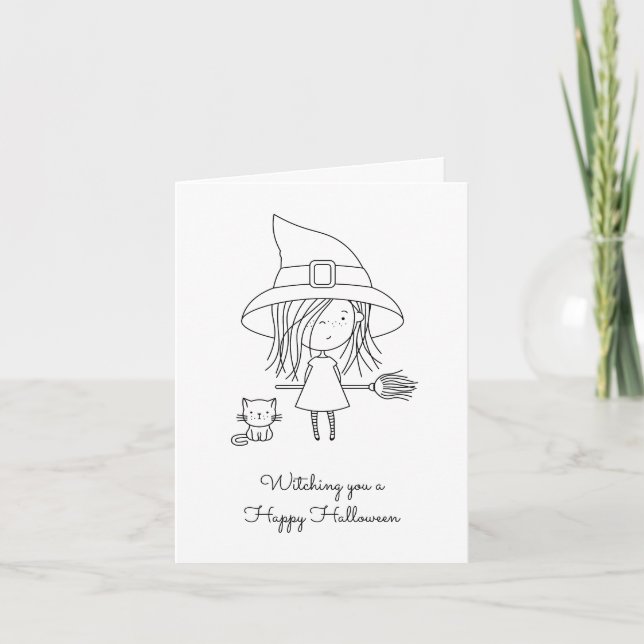 Cute Witch and Cat Halloween Colouring Card (Front)