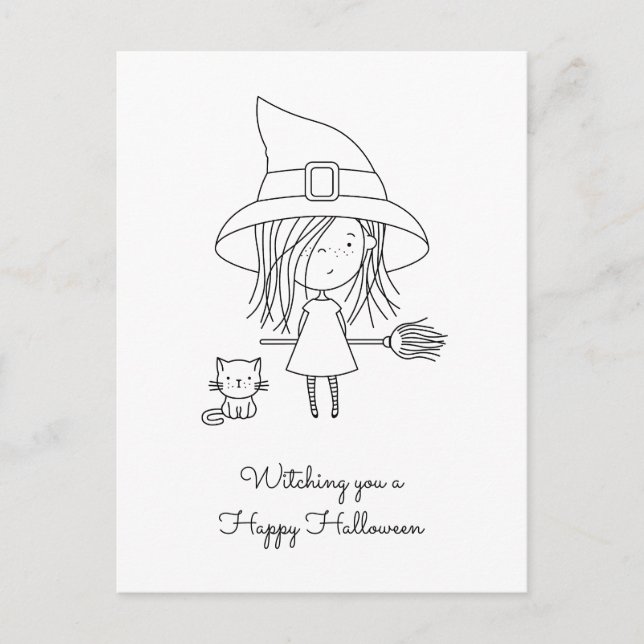Cute Witch and Cat Halloween Colouring Holiday Postcard (Front)