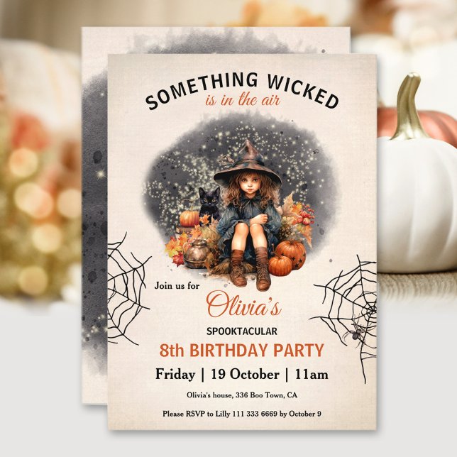 Cute Witch and Cat Halloween Girls' Birthday Invitation (Cute Witch and Cat Halloween Girls' Birthday Invitation)