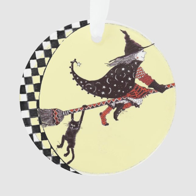 Cute Witch and Cat On Broom Ornament (Front)