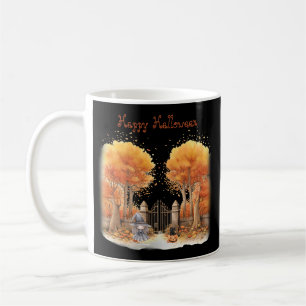 Cute Witch and Cat Outside Gate Halloween Coffee Mug