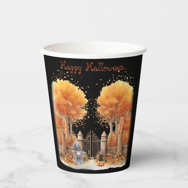 Cute Witch and Cat Outside Gate Halloween Paper Cups (Front)