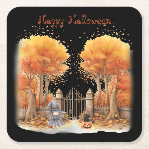 Cute Witch and Cat Outside Gate Halloween Square Paper Coaster