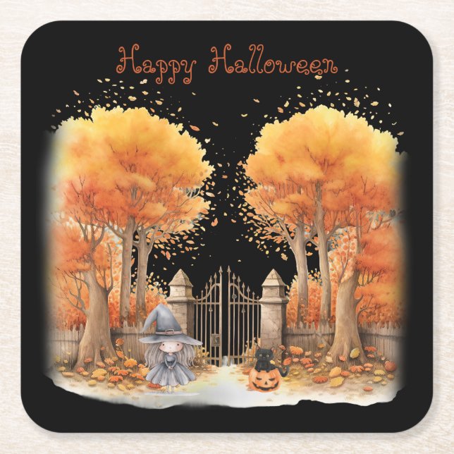 Cute Witch and Cat Outside Gate Halloween Square Paper Coaster (Front)