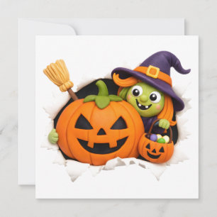 Cute Witch and Jack-o'-Lantern Clay Figurine Holiday Card