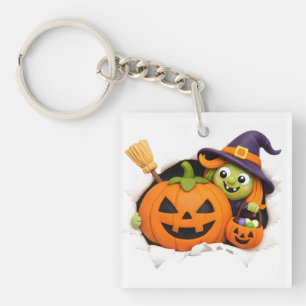 Cute Witch and Jack-o'-Lantern Clay Figurine Key Ring