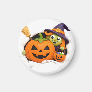 Cute Witch and Jack-o'-Lantern Clay Figurine Magnet