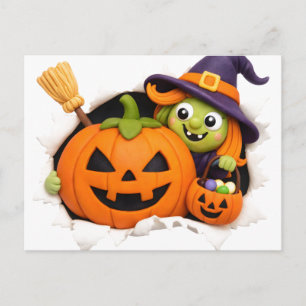 Cute Witch and Jack-o'-Lantern Clay Figurine Postcard