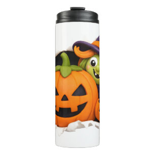 Cute Witch and Jack-o'-Lantern Clay Figurine Thermal Tumbler