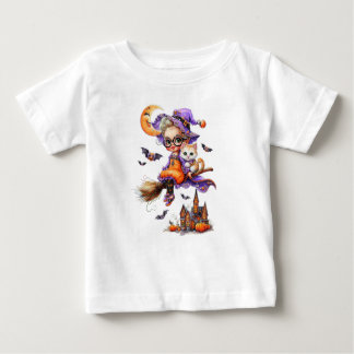 Cute Witch and Kitten on a Broom Baby T-Shirt