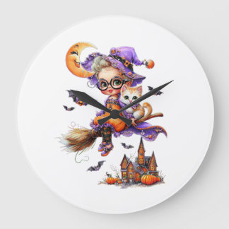 Cute Witch and Kitten on a Broom Large Clock