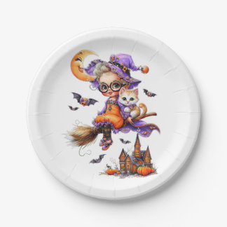 Cute Witch and Kitten on a Broom Paper Plate