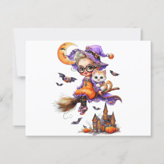 Cute Witch and Kitten on a Broom Postcard