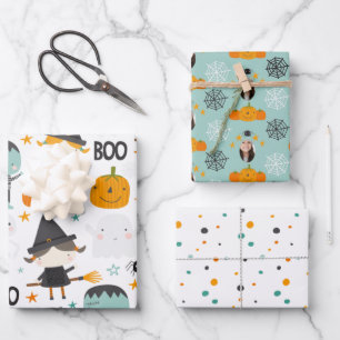 Cute witch and pumpkin personalised  wrapping paper sheet