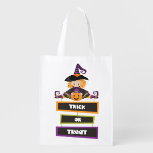 Cute Witch and Sign Trick or Treat Halloween Reusable Grocery Bag