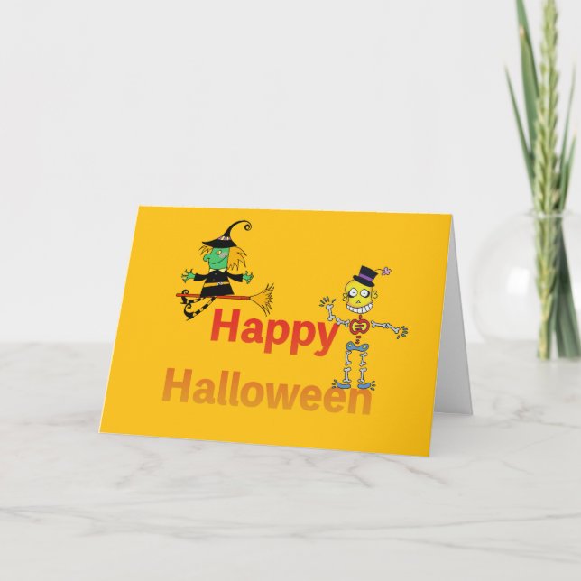 Cute Witch and Skeleton Halloween Fun Card (Front)
