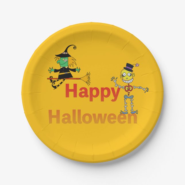 Cute Witch and Skeleton Halloween Fun Paper Plate (Front)