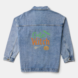Cute Witch Black and White Womens Halloween Denim Jacket