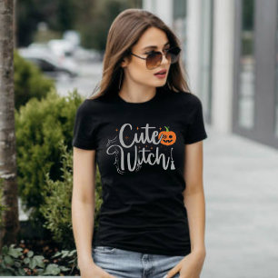Cute Witch Black and White Womens Halloween  T-Shirt