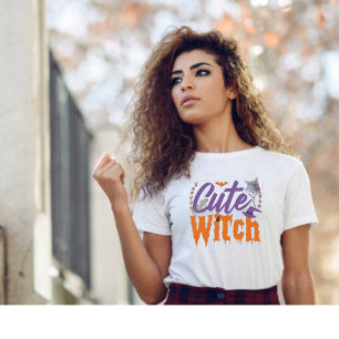 Cute Witch Black and White Womens Halloween  T-Shirt