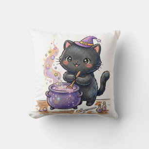 Cute Witch Black Cat Brewing Magic Potion Hallowee Cushion