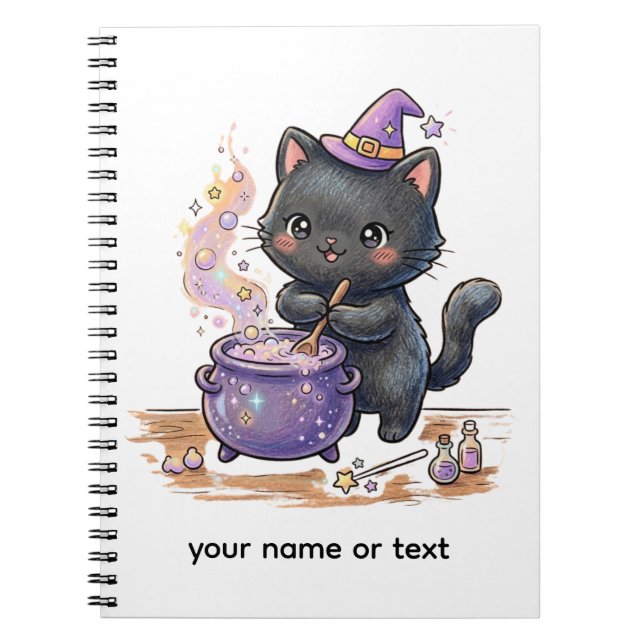Cute Witch Black Cat Brewing Magic Potion Hallowee Notebook (Front)