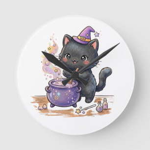 Cute Witch Black Cat Brewing Magic Potion Hallowee Round Clock