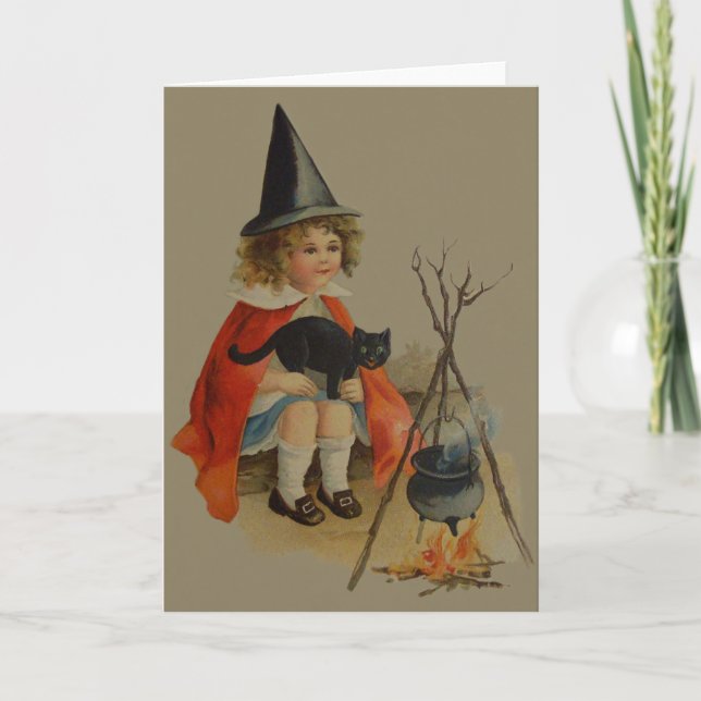 Cute Witch Black Cat Cauldron Fire Card (Front)