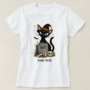 Cute Witch Black Cat Graveyard Halloween T-Shirt
