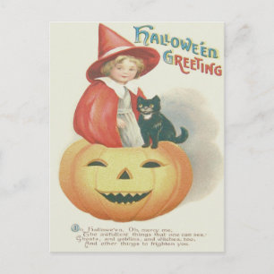 Cute Witch Black Cat Jack O Lantern Postcard