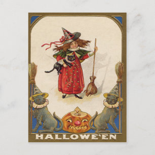 Cute Witch Black Cat Jack O' Lantern Postcard