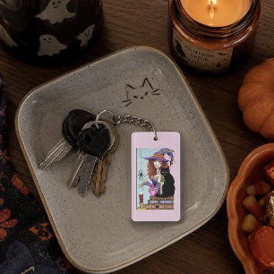 Cute Witch Black Cat Pink Potions Books Key Ring