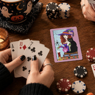 Cute Witch Black Cat Pink Potions Books Playing Cards