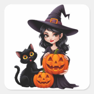 Cute Witch Black Cat Pumpkin Halloween 🧙‍♀️ Square Sticker
