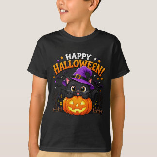 Cute Witch Black Cat Pumpkin Happy Halloween T-Shirt